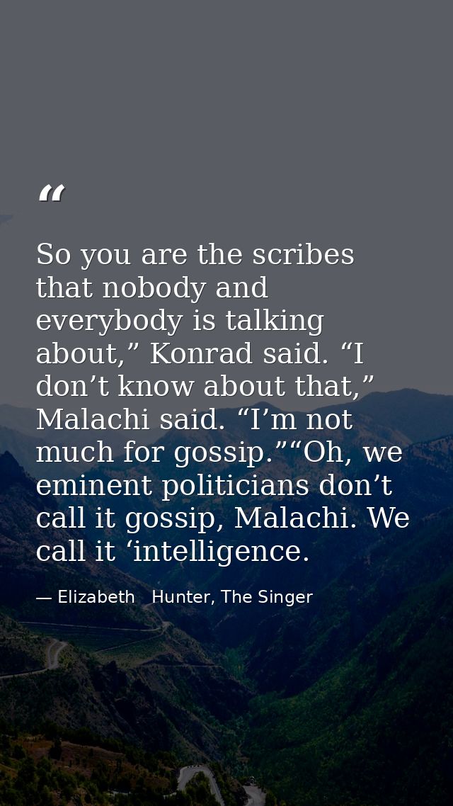 So you are the scribes that nobody and everybody is talking about,” Konrad said. “I don’t know about that,” Malachi said — Elizabeth   Hunter, The Singer