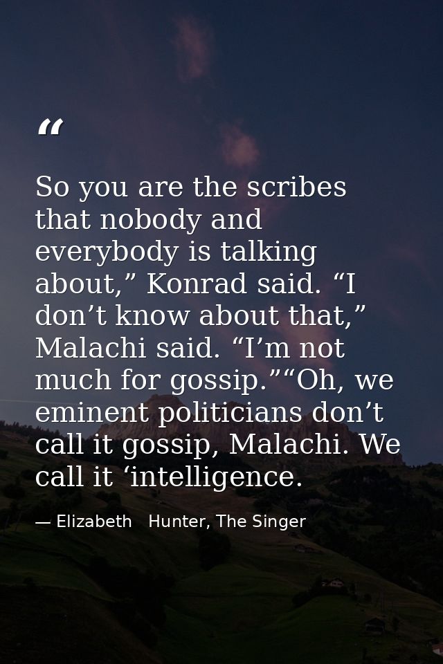 So you are the scribes that nobody and everybody is talking about,” Konrad said. “I don’t know about that,” Malachi said — Elizabeth   Hunter, The Singer