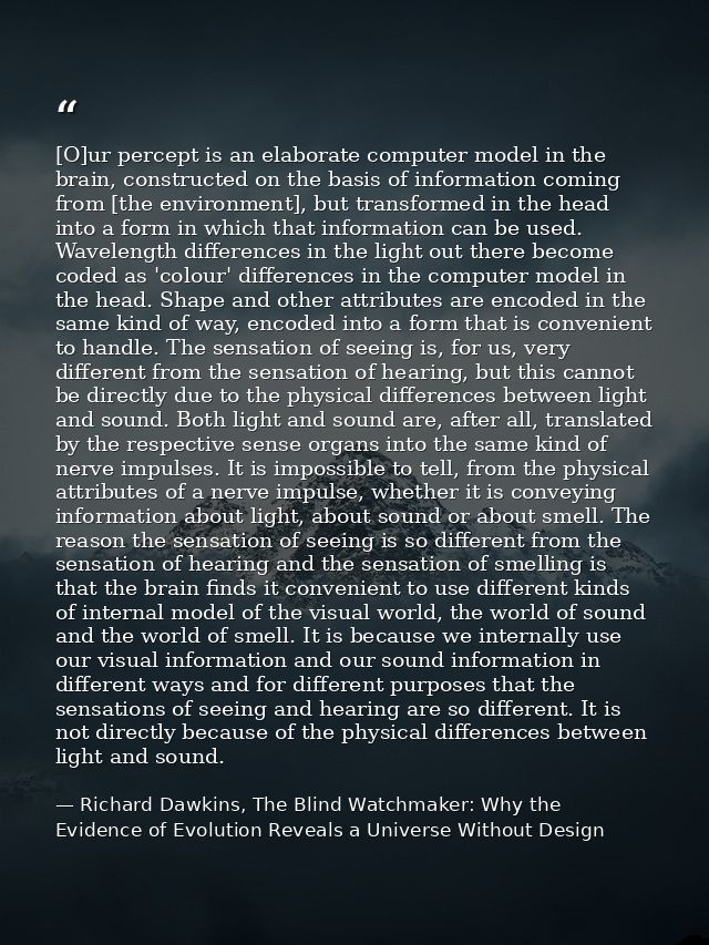 [O]ur percept is an elaborate computer model in the brain, constructed on the basis of information coming from [the envi — Richard Dawkins, The Blind Watchmaker: Why the Evidence of Evolution Reveals a Universe Without Design