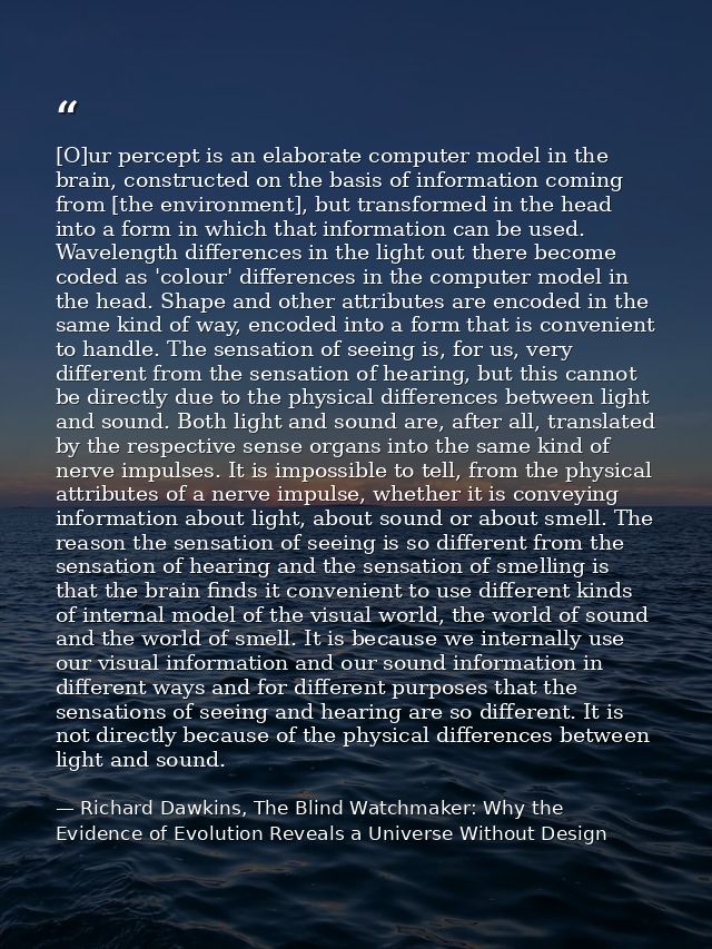 [O]ur percept is an elaborate computer model in the brain, constructed on the basis of information coming from [the envi — Richard Dawkins, The Blind Watchmaker: Why the Evidence of Evolution Reveals a Universe Without Design