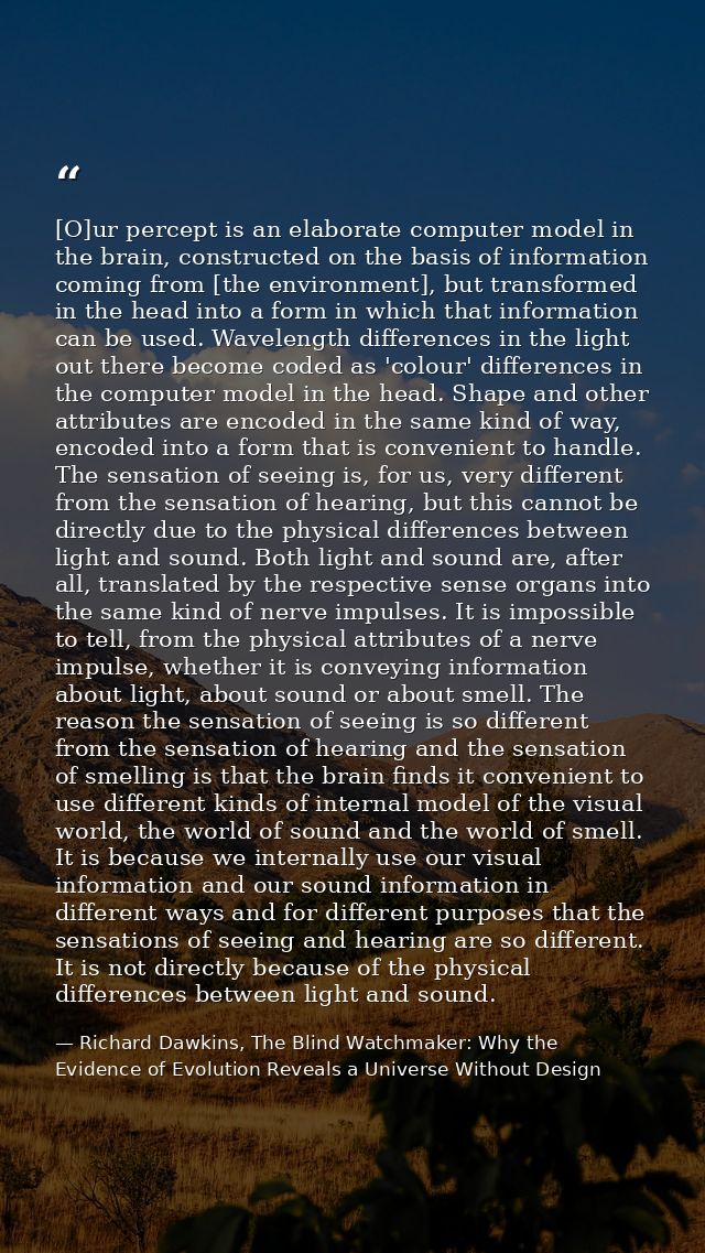 [O]ur percept is an elaborate computer model in the brain, constructed on the basis of information coming from [the envi — Richard Dawkins, The Blind Watchmaker: Why the Evidence of Evolution Reveals a Universe Without Design