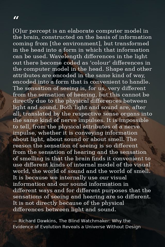 [O]ur percept is an elaborate computer model in the brain, constructed on the basis of information coming from [the envi — Richard Dawkins, The Blind Watchmaker: Why the Evidence of Evolution Reveals a Universe Without Design