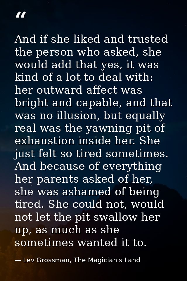 And if she liked and trusted the person who asked, she would add that yes, it was kind of a lot to deal with: her outwar — Lev Grossman, The Magician's Land
