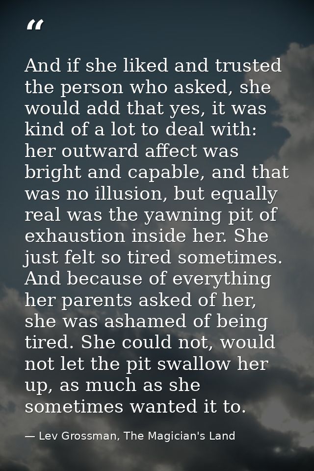 And if she liked and trusted the person who asked, she would add that yes, it was kind of a lot to deal with: her outwar — Lev Grossman, The Magician's Land