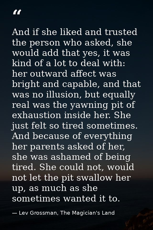 And if she liked and trusted the person who asked, she would add that yes, it was kind of a lot to deal with: her outwar — Lev Grossman, The Magician's Land