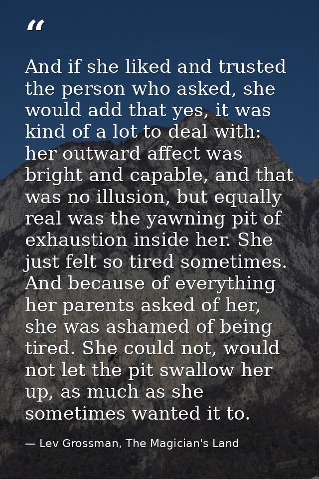 And if she liked and trusted the person who asked, she would add that yes, it was kind of a lot to deal with: her outwar — Lev Grossman, The Magician's Land
