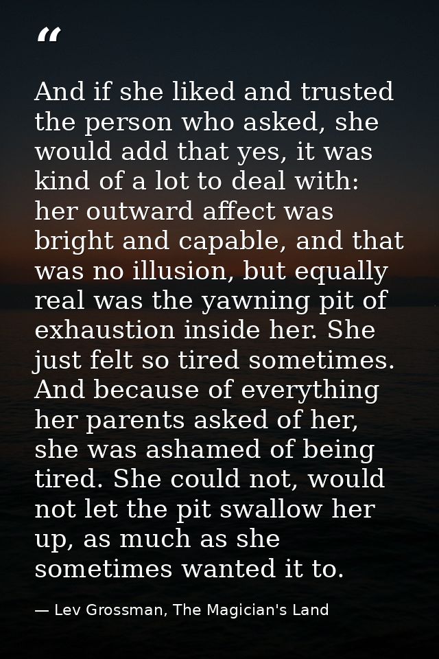 And if she liked and trusted the person who asked, she would add that yes, it was kind of a lot to deal with: her outwar — Lev Grossman, The Magician's Land
