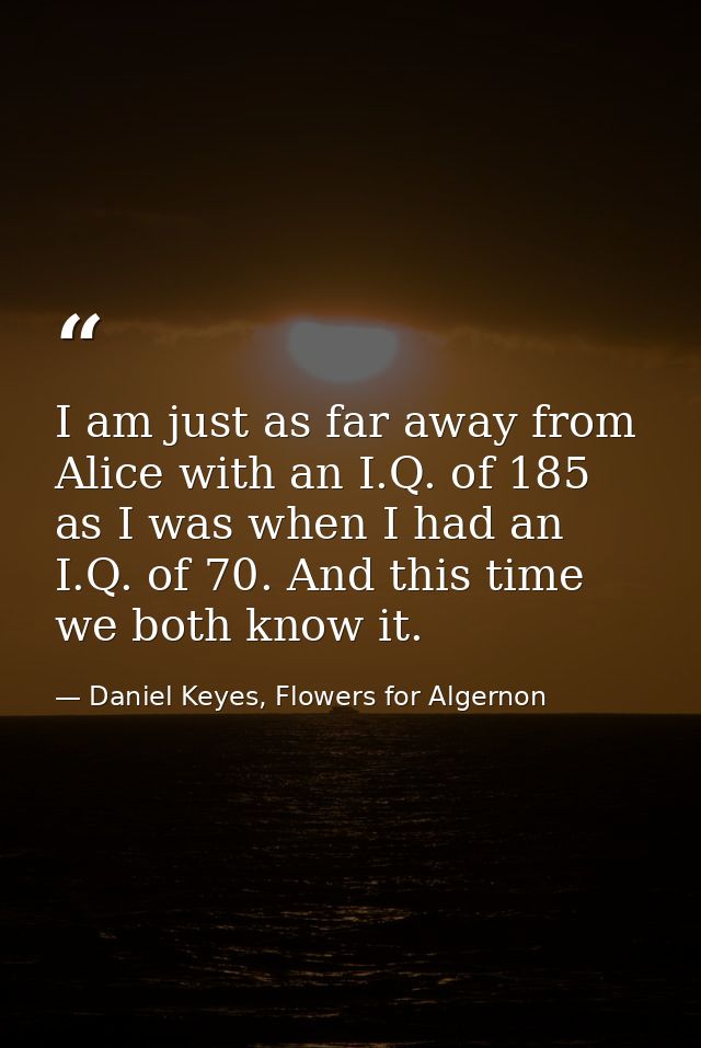 I am just as far away from Alice with an I.Q. of 185 as I was when I had an I.Q. of 70. And this time we both know it. — Daniel Keyes, Flowers for Algernon