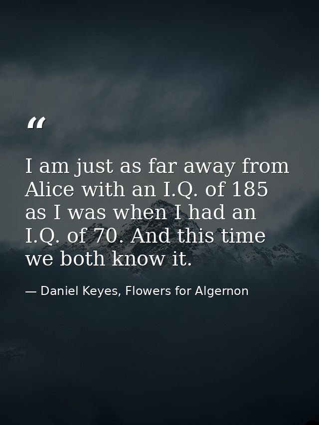 I am just as far away from Alice with an I.Q. of 185 as I was when I had an I.Q. of 70. And this time we both know it. — Daniel Keyes, Flowers for Algernon