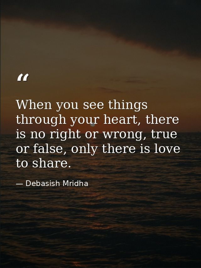 When you see things through your heart, there is no right or wrong, true or false, only there is love to share. — Debasish Mridha