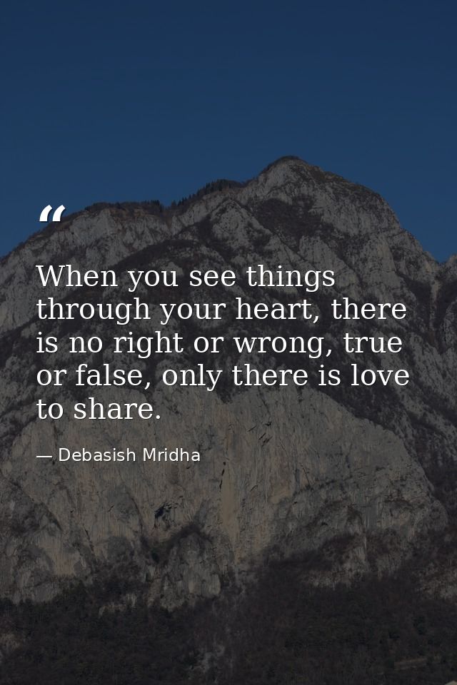 When you see things through your heart, there is no right or wrong, true or false, only there is love to share. — Debasish Mridha