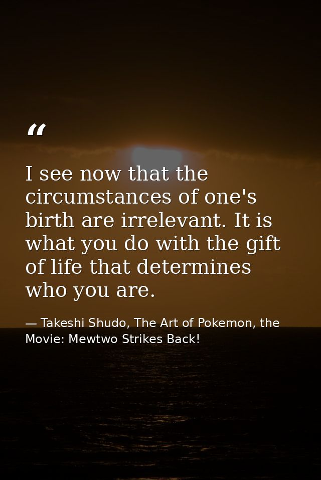 I see now that the circumstances of one's birth are irrelevant. It is what you do with the gift of life that determines  — Takeshi Shudo, The Art of Pokemon, the Movie: Mewtwo Strikes Back!