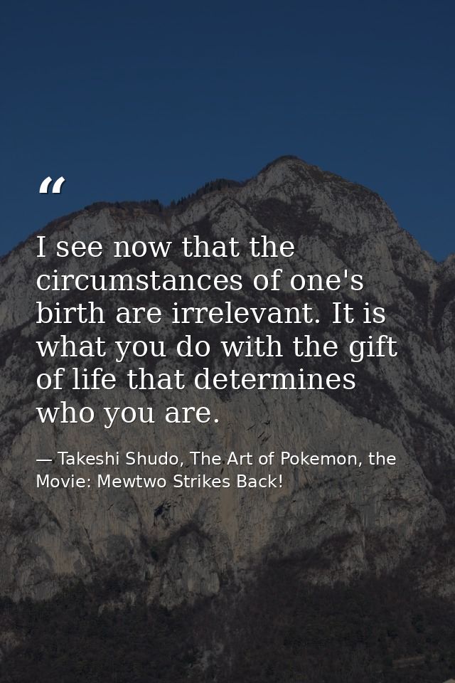 I see now that the circumstances of one's birth are irrelevant. It is what you do with the gift of life that determines  — Takeshi Shudo, The Art of Pokemon, the Movie: Mewtwo Strikes Back!