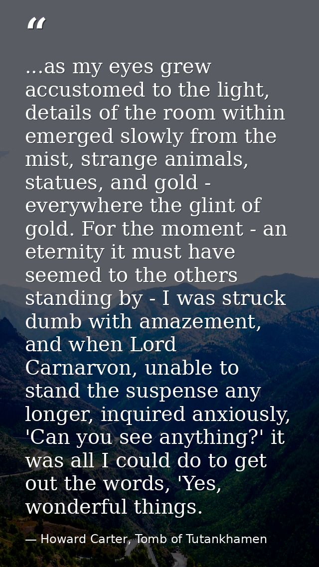 ...as my eyes grew accustomed to the light, details of the room within emerged slowly from the mist, strange animals, st — Howard Carter, Tomb of Tutankhamen