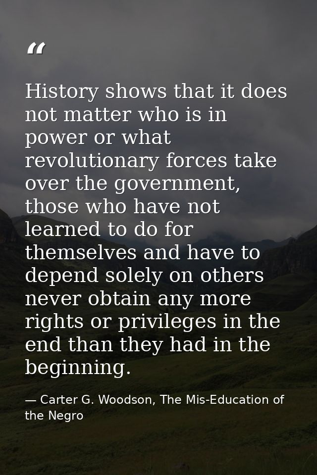 History shows that it does not matter who is in power or what revolutionary forces take over the government, those who h — Carter G. Woodson, The Mis-Education of the Negro