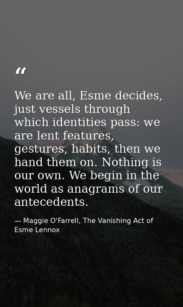 We are all, Esme decides, just vessels through which identities pass: we are lent features, gestures, habits, then we ha — Maggie O'Farrell, The Vanishing Act of Esme Lennox