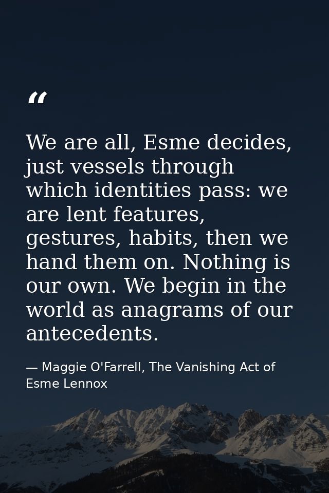 We are all, Esme decides, just vessels through which identities pass: we are lent features, gestures, habits, then we ha — Maggie O'Farrell, The Vanishing Act of Esme Lennox