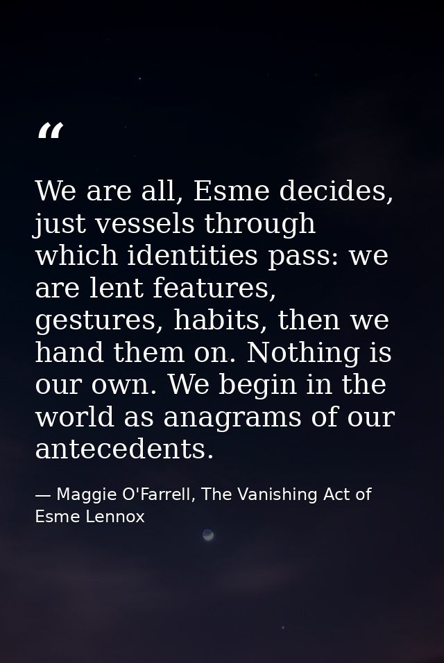 We are all, Esme decides, just vessels through which identities pass: we are lent features, gestures, habits, then we ha — Maggie O'Farrell, The Vanishing Act of Esme Lennox