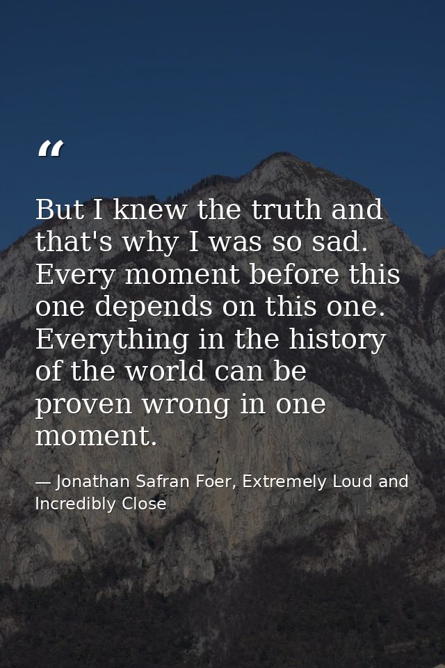 But I knew the truth and that's why I was so sad. Every moment before this one depends on this one. Everything in the hi — Jonathan Safran Foer, Extremely Loud and Incredibly Close