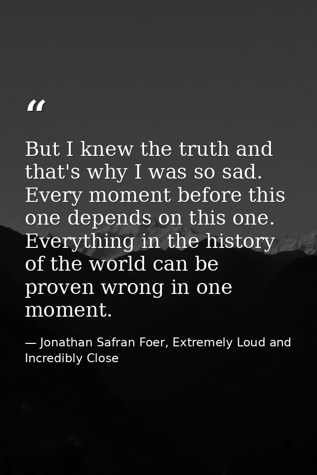 But I knew the truth and that's why I was so sad. Every moment before this one depends on this one. Everything in the hi — Jonathan Safran Foer, Extremely Loud and Incredibly Close
