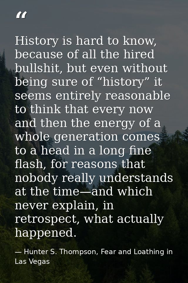 History is hard to know, because of all the hired bullshit, but even without being sure of “history” it seems entirely r — Hunter S. Thompson, Fear and Loathing in Las Vegas