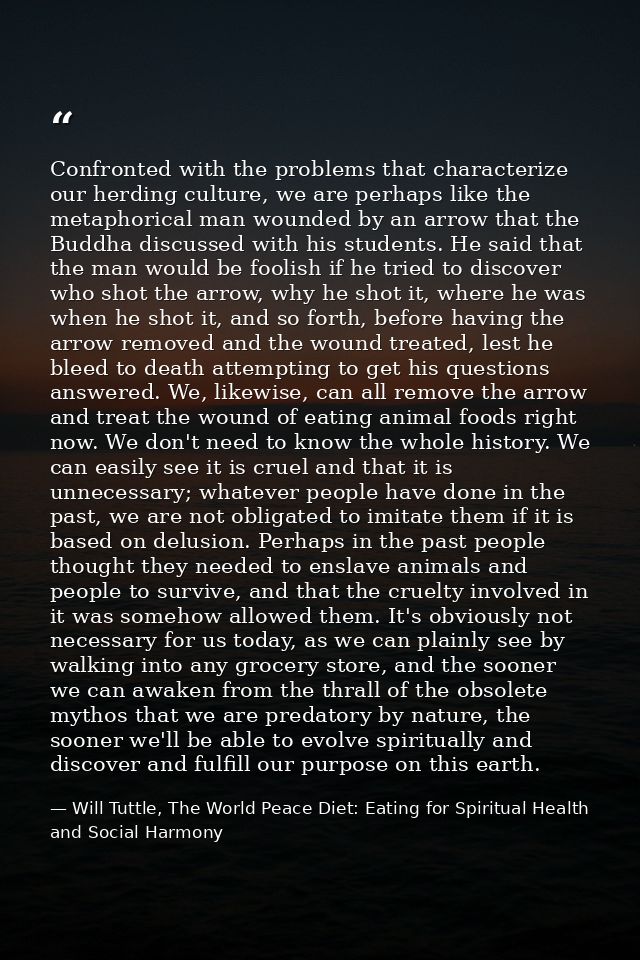 Confronted with the problems that characterize our herding culture, we are perhaps like the metaphorical man wounded by  — Will Tuttle, The World Peace Diet: Eating for Spiritual Health and Social Harmony