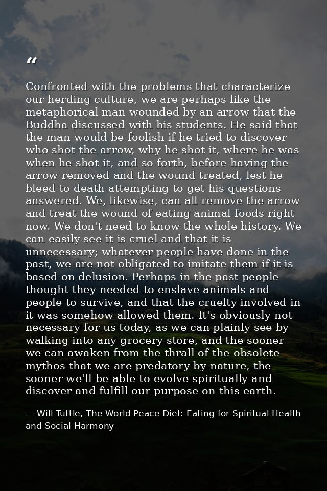Confronted with the problems that characterize our herding culture, we are perhaps like the metaphorical man wounded by  — Will Tuttle, The World Peace Diet: Eating for Spiritual Health and Social Harmony