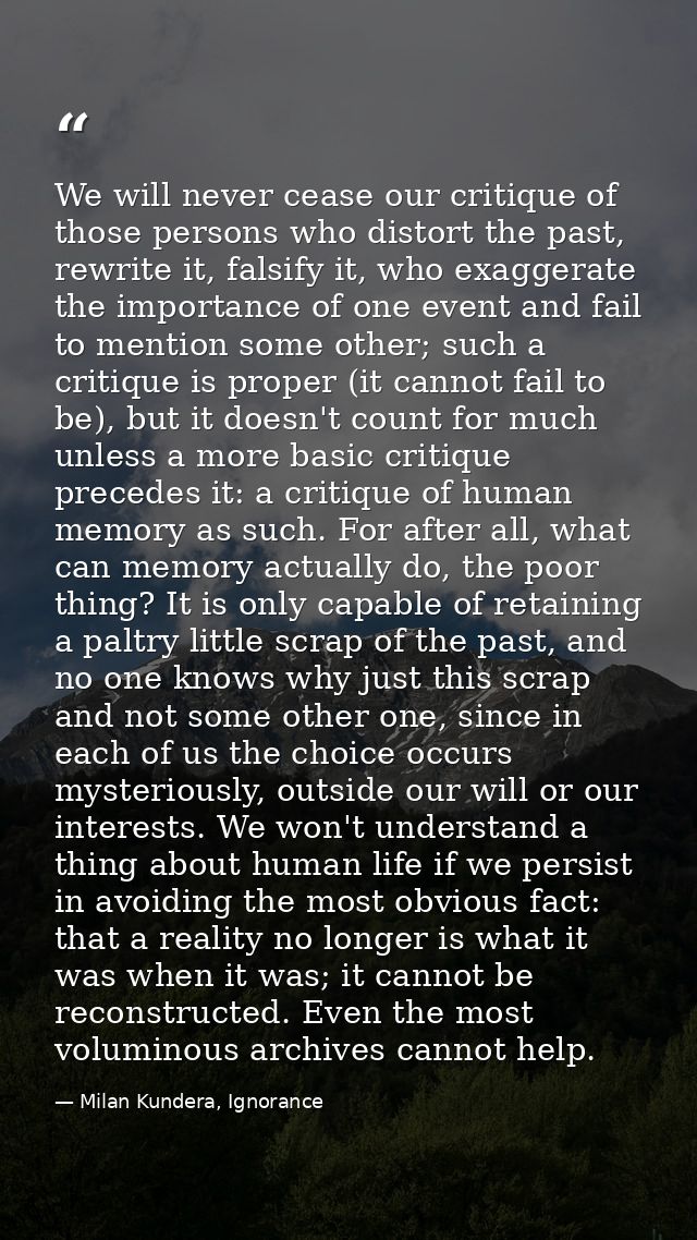 We will never cease our critique of those persons who distort the past, rewrite it, falsify it, who exaggerate the impor — Milan Kundera, Ignorance