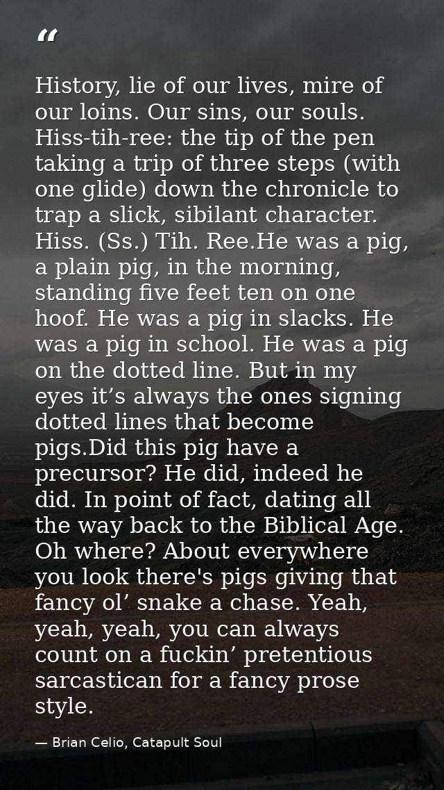 History, lie of our lives, mire of our loins. Our sins, our souls. Hiss-tih-ree: the tip of the pen taking a trip of thr — Brian Celio, Catapult Soul