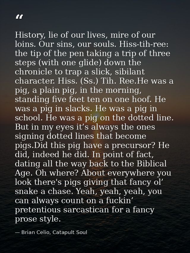 History, lie of our lives, mire of our loins. Our sins, our souls. Hiss-tih-ree: the tip of the pen taking a trip of thr — Brian Celio, Catapult Soul