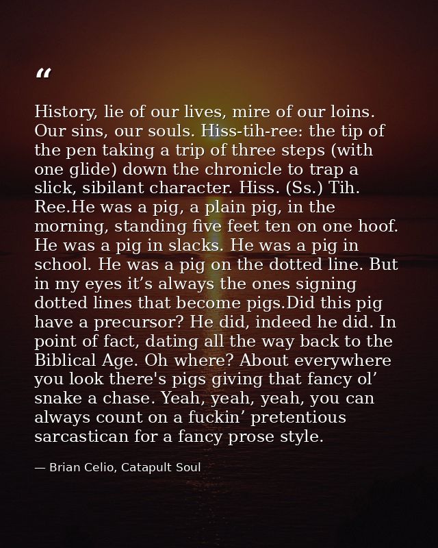 History, lie of our lives, mire of our loins. Our sins, our souls. Hiss-tih-ree: the tip of the pen taking a trip of thr — Brian Celio, Catapult Soul