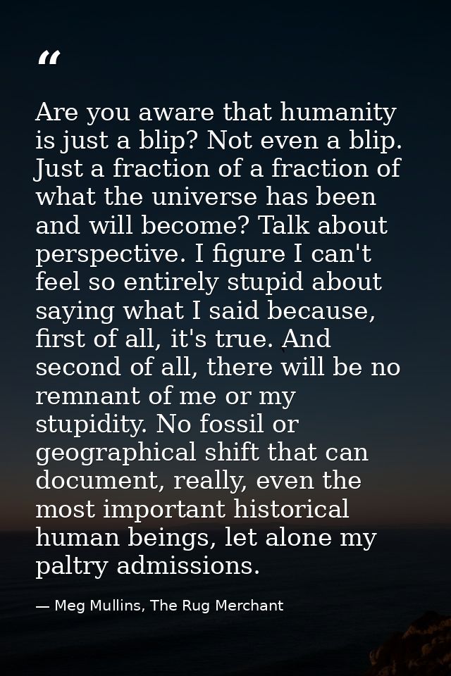 Are you aware that humanity is just a blip? Not even a blip. Just a fraction of a fraction of what the universe has been — Meg Mullins, The Rug Merchant