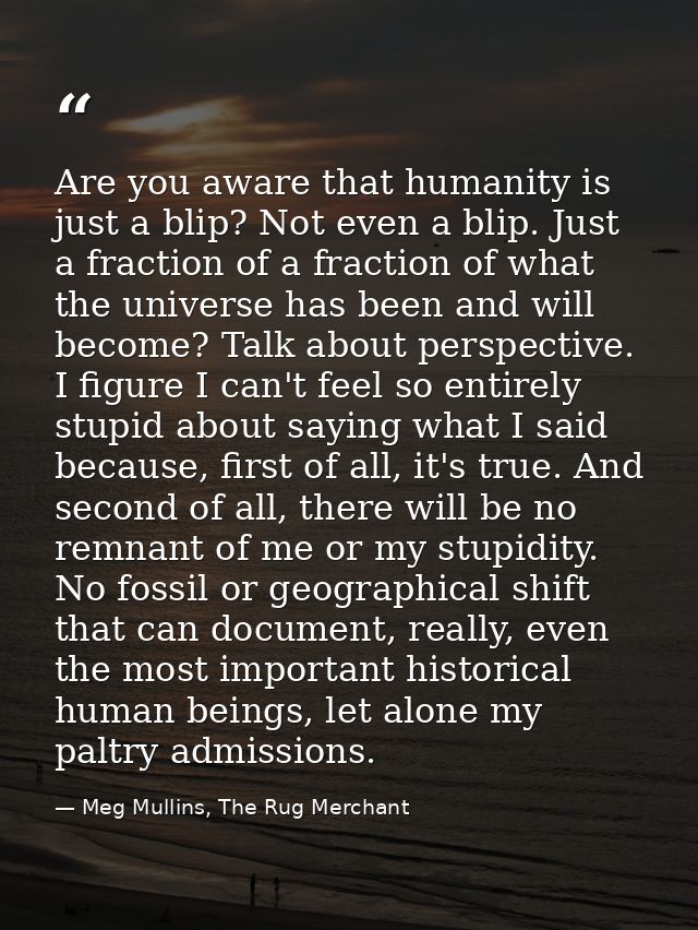 Are you aware that humanity is just a blip? Not even a blip. Just a fraction of a fraction of what the universe has been — Meg Mullins, The Rug Merchant