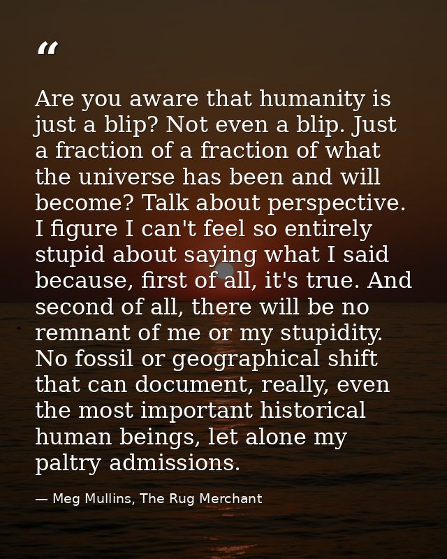 Are you aware that humanity is just a blip? Not even a blip. Just a fraction of a fraction of what the universe has been — Meg Mullins, The Rug Merchant