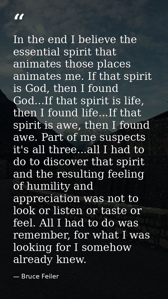 In the end I believe the essential spirit that animates those places animates me. If that spirit is God, then I found Go — Bruce Feiler