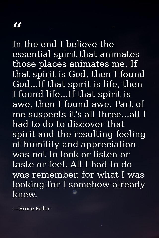In the end I believe the essential spirit that animates those places animates me. If that spirit is God, then I found Go — Bruce Feiler