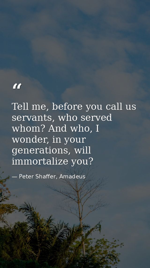 Tell me, before you call us servants, who served whom? And who, I wonder, in your generations, will immortalize you? — Peter Shaffer, Amadeus