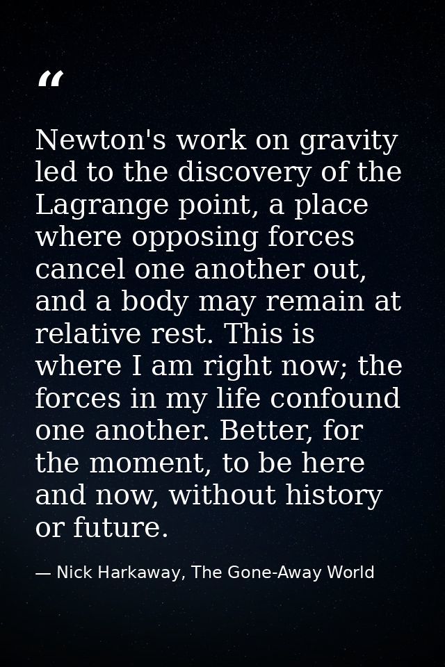 Newton's work on gravity led to the discovery of the Lagrange point, a place where opposing forces cancel one another ou — Nick Harkaway, The Gone-Away World
