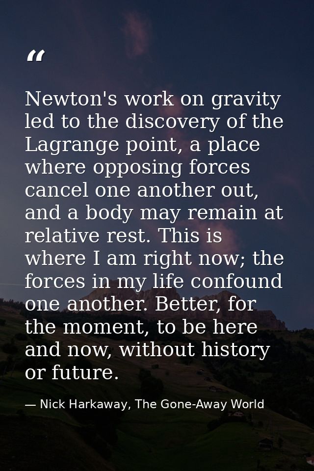 Newton's work on gravity led to the discovery of the Lagrange point, a place where opposing forces cancel one another ou — Nick Harkaway, The Gone-Away World