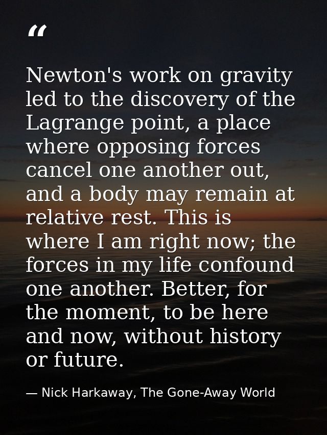 Newton's work on gravity led to the discovery of the Lagrange point, a place where opposing forces cancel one another ou — Nick Harkaway, The Gone-Away World