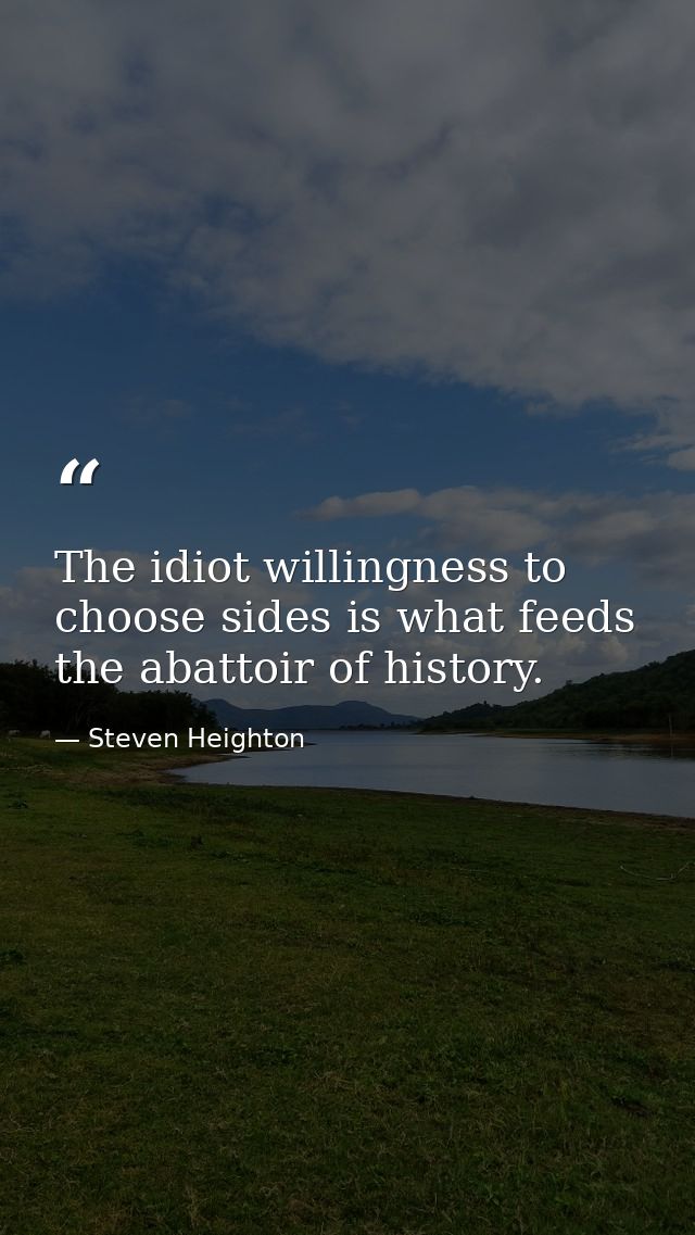 The idiot willingness to choose sides is what feeds the abattoir of history. — Steven Heighton
