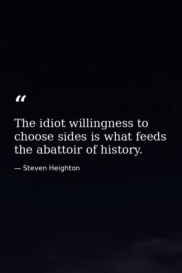 The idiot willingness to choose sides is what feeds the abattoir of history. — Steven Heighton