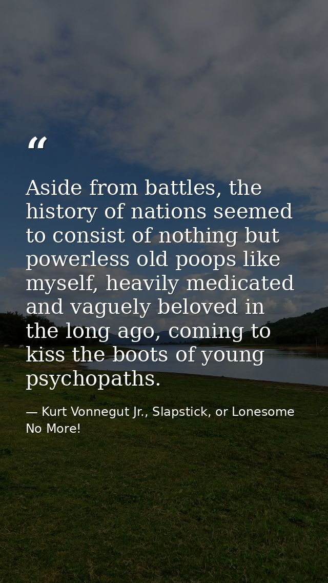 Aside from battles, the history of nations seemed to consist of nothing but powerless old poops like myself, heavily med — Kurt Vonnegut Jr., Slapstick, or Lonesome No More!
