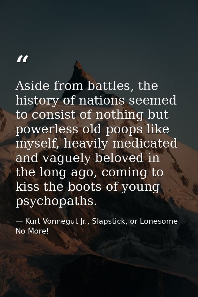 Aside from battles, the history of nations seemed to consist of nothing but powerless old poops like myself, heavily med — Kurt Vonnegut Jr., Slapstick, or Lonesome No More!