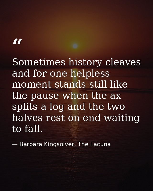 Sometimes history cleaves and for one helpless moment stands still like the pause when the ax splits a log and the two h — Barbara Kingsolver, The Lacuna