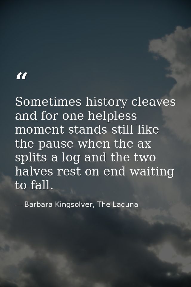 Sometimes history cleaves and for one helpless moment stands still like the pause when the ax splits a log and the two h — Barbara Kingsolver, The Lacuna