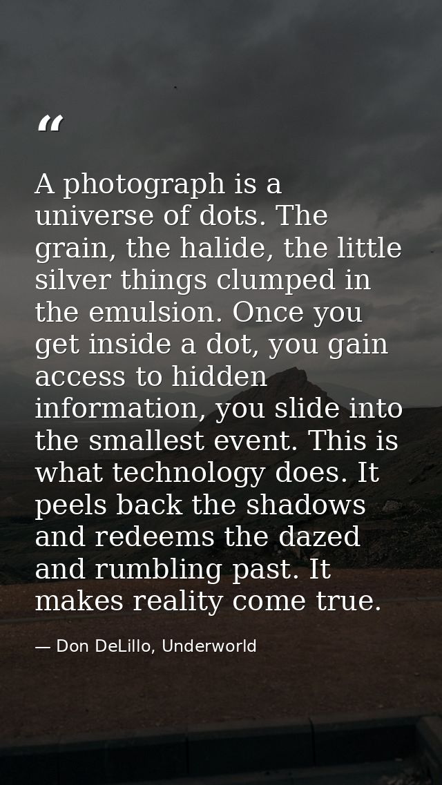 A photograph is a universe of dots. The grain, the halide, the little silver things clumped in the emulsion. Once you ge — Don DeLillo, Underworld