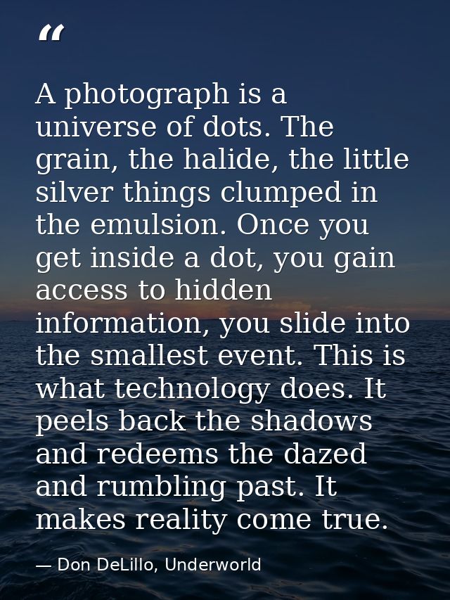 A photograph is a universe of dots. The grain, the halide, the little silver things clumped in the emulsion. Once you ge — Don DeLillo, Underworld