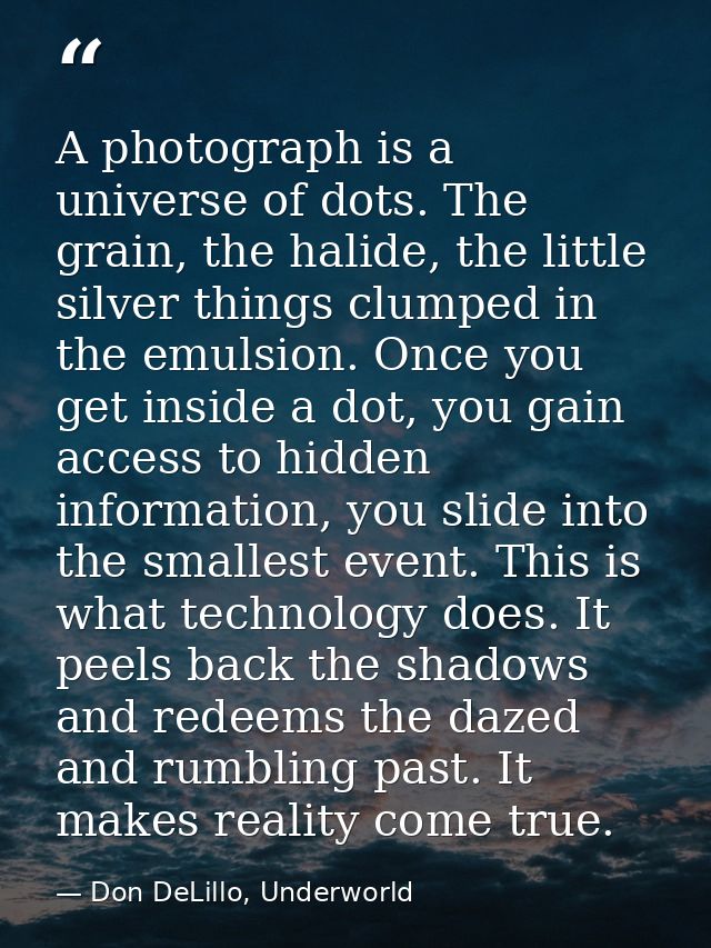 A photograph is a universe of dots. The grain, the halide, the little silver things clumped in the emulsion. Once you ge — Don DeLillo, Underworld