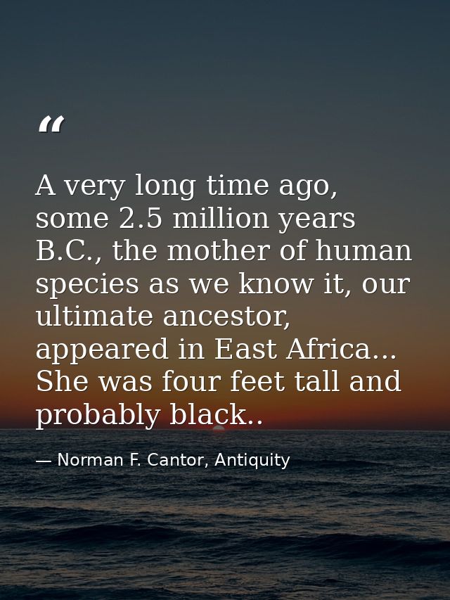A very long time ago, some 2.5 million years B.C., the mother of human species as we know it, our ultimate ancestor, app — Norman F. Cantor, Antiquity
